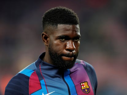 Samuel Umtiti durante un encuentro en el Camp Nou la pasada temporada.