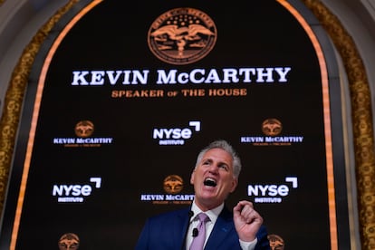 Speaker of the House Kevin McCarthy speaks during an event at the New York Stock Exchange in New York, on April 17, 2023.