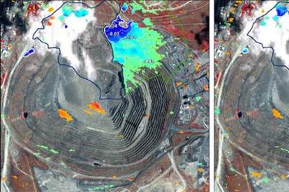 Representación de los datos de radar en la zona noroeste de la mina Palabora en dos periodos de 2004, sobre una fotografía aérea de la misma. 
/ VEXCEL