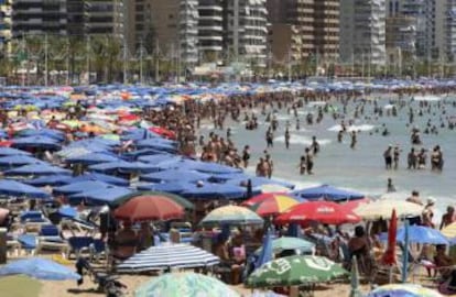 A packed beach in Benidorm.