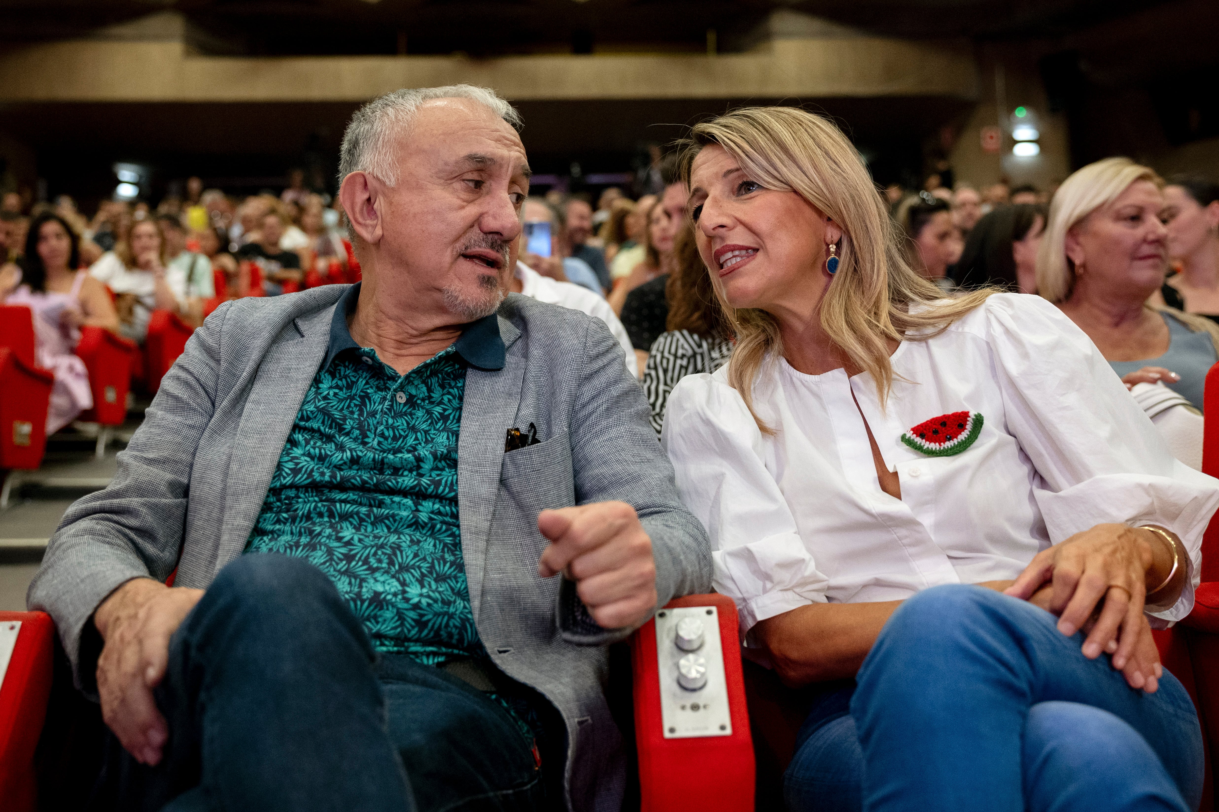 Yolanda Díaz, junto al secretario general de UGT, Pepe Álvarez, en un acto del sindicato este jueves en Madrid.
