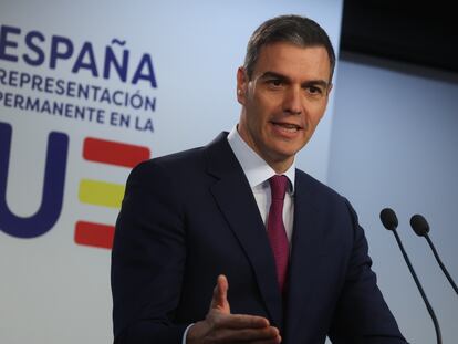 Pedro Sánchez, durante su comparecencia de este jueves en Bruselas.