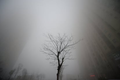 Algunos edificios se dejan ver a través de la niebla en un día con excesiva polución en Jinan (China).