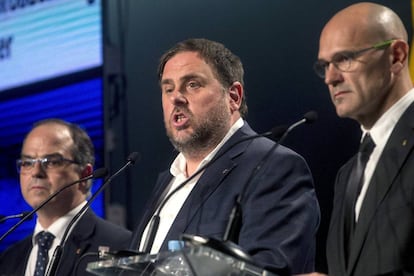 Turull, Junqueras i Romeva, en la roda de premsa d'ahir.