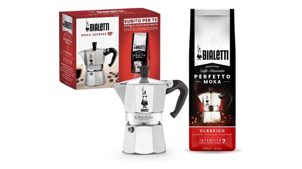 Pack de cafetera italiana y un paquete de café.