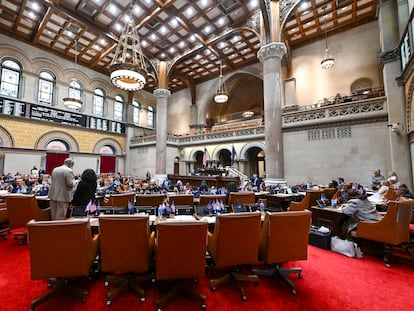 The New York state Assembly Chamber is seen as lawmakers debate end of session legislative bills at the state Capitol in Albany, N.Y., on June 7, 2023.