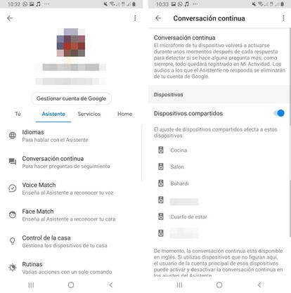 Dónde activar la conversación continua en Google.