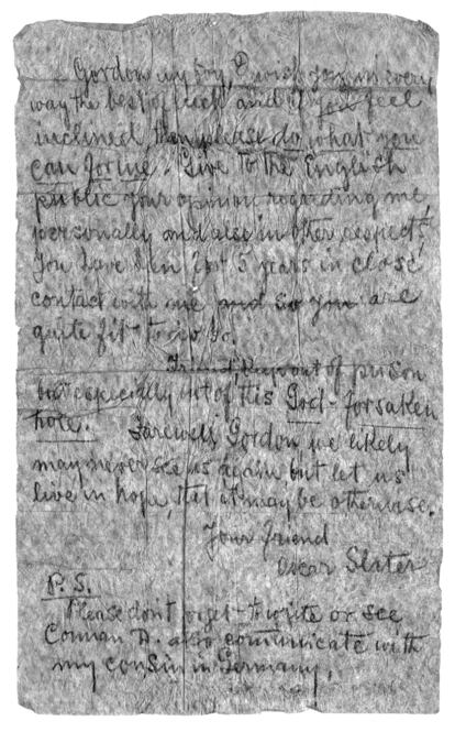 Mensaje secreto que Oscar Slater logró hacer llegar desde la cárcel a Conan Doyle en 1925.