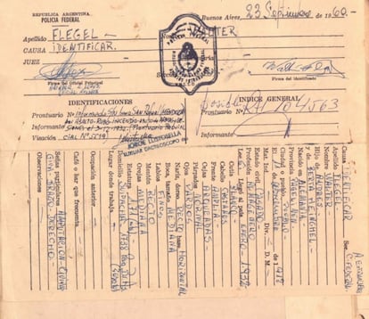Ficha policial de la detención de Flegel, el 23 de septiembre de 1960.