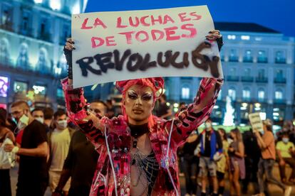 A protester at an earlier march against homophobic attacks, held in Madrid on Tuesday before it emerged that the alleged victim had made up his story. 