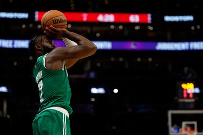 Oct 30, 2023; Washington, District of Columbia, USA; Boston Celtics guard Jaylen Brown (7) shoots the ball against the Washington Wizards in the second quarter at Capital One Arena. Mandatory Credit: Geoff Burke-USA TODAY Sports