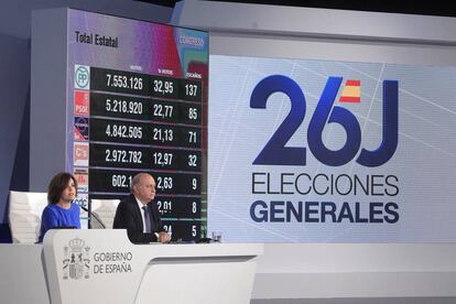 Soraya S&aacute;enz de Santamar&iacute;a y Jorge Fern&aacute;ndez D&iacute;az durante la rueda de prensa para ofrecer los resultados del escrutinio en las elecciones generales. 