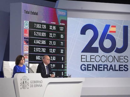 Soraya S&aacute;enz de Santamar&iacute;a y Jorge Fern&aacute;ndez D&iacute;az durante la rueda de prensa para ofrecer los resultados del escrutinio en las elecciones generales. 