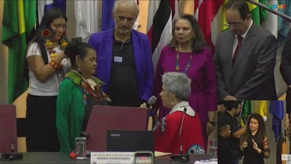 The chairwoman of the Amnesty Commission, Eneá de Stutz, apologizes to the Krenak people on behalf of the state.