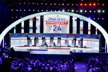 Republican presidential candidates, from left, former Arkansas Gov. Asa Hutchinson