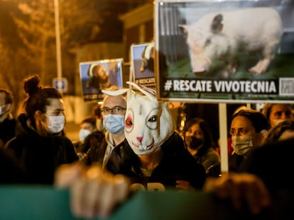 Un grupo de personas sostiene pancartas durante la concentración contra el CSIC por los animales de Vivotecnia el 27 de enero de 2022.