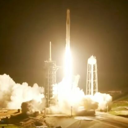 This image made from a SpaceX video shows the launch of the Polaris Dawn mission on a Falcon 9 rocket from the Kennedy Space Center in Florida, Tuesday Sept. 10, 2024.  (SpaceX via AP)