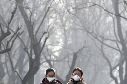 La concentración de gases contaminantes en la ciudad china de Shijiazhuang, la capital de la provincia de Hebei, en el norte del país, es 100 veces superior al límite establecido por la Organización Mundial de la Salud (OMS). En la imagen, dos mujeres con mascarillas para protegerse de la polución caminan por el parque Ritan de Pekín (China).