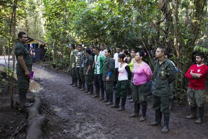 Miembros de las FARC se ponen en fila para recibir las instrucciones del día, en un campamento de los Llanos del Yarí (Colombia).