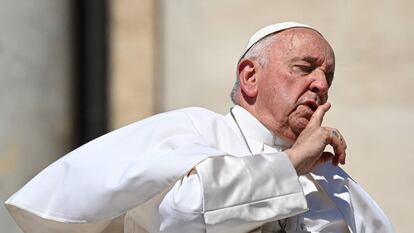 Pope Francis gestures as he leaves in the popemobile car at the end of the weekly general audience on June 7, 2023, at St. Peter's square as in The Vatican.