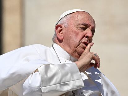 Pope Francis gestures as he leaves in the popemobile car at the end of the weekly general audience on June 7, 2023, at St. Peter's square as in The Vatican.