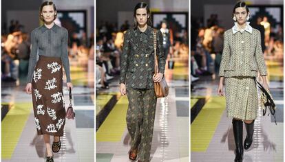 Tres modelos desfilan en la pasarela de Prada, el miércoles, en Milán.