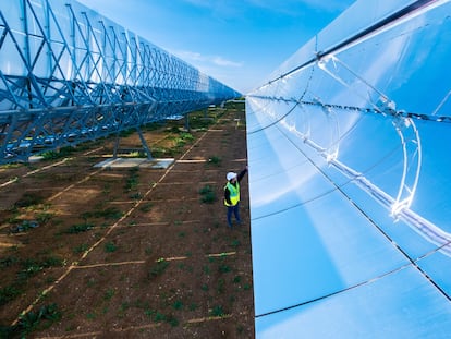 Un operario de la planta termosolar de uso industrial más grande de Europa, en la fábrica de Heineken en Sevilla.