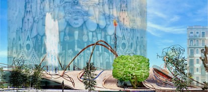 Vista sur de la rampa proyectada y sus arcos, la fuente y el fuego, además de una 'Moringa oleifera' en el centro, a modo de “árbol de la vida”.