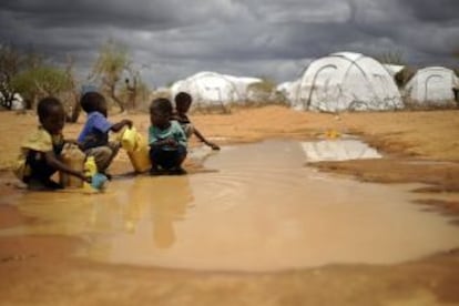 Varios niños somalíes recogen agua en una charca