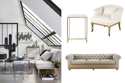 En la imagen: VENICE – Mesa auxiliar de mármol, AMADEUS – sofá cuatro plazas y LALLY – sillón de lino blanco.