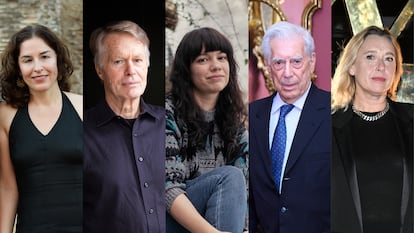 De izquierda a derecha, los escritores Guadalupe Nettel, Jean-Marie Gustave Le Clézio, Elisa Victoria, Mario Vargas Llosa y Virginie Despentes.