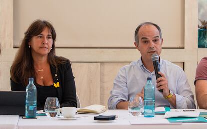 Laura Borràs, presidenta de Junts per Catalunya y Jordi Turull, secretario general de Junts, en un momento de la ejecutiva. / JUNTS PER CATALUNYA