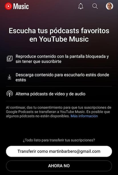 Google Podast exportar a YouTube Music