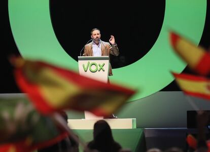 El presidente de Vox, Santiago Abascal, durante el acto en Vistalegre.