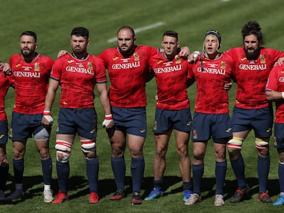 Los jugadores de la selección española de rugby durante el partido frente a Portugal en marzo.