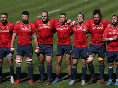 Los jugadores de la selección española de rugby durante el partido frente a Portugal en marzo.