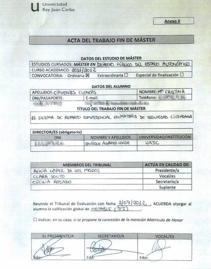 Acta del Trabajo de fin de Máster de Cristina Cifuentes.