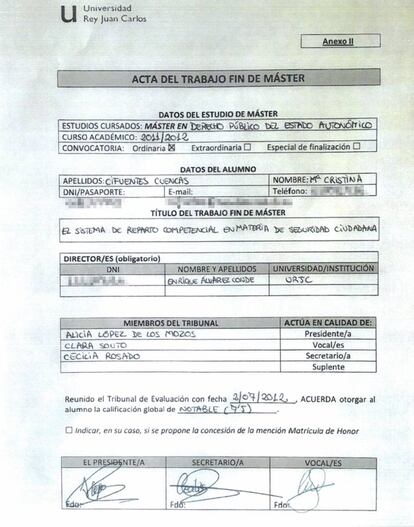 Acta del Trabajo de fin de Máster de Cristina Cifuentes.