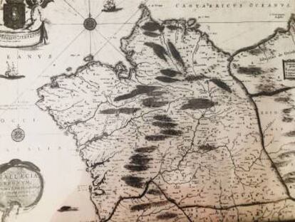 Mapa antiguo de Galicia que incluye el territorio de As Portelas (con localidades como Porto, Lubián o Hermisende) dentro de sus límites.