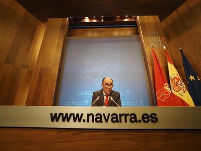Manu Ayerdi, en la rueda de prensa en la que este viernes ha anunciado su dimisión como consejero de Desarrollo Económico y Empresarial del Gobierno de Navarra.
29/01/2021