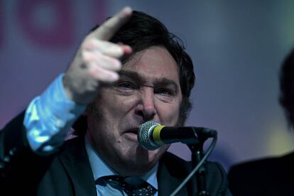 Argentine congressman Javier Milei addresses supporters during the presentation of his book at the Buenos Aires International Book Fair, on May 14, 2023.