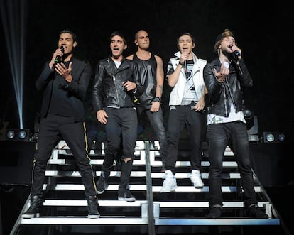 Siva Kaneswaran, Tom Parker, Max George, Nathan Sykes y Jay McGuiness, miembros de The Wanted, durante un concierto en Miami en 2014.