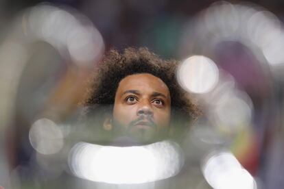 Marcelo, antes del inicio de la Supercopa de Europa entre el Real Madrid y el Atlético de Madrid en agosto de 2018 en Tallin (Estonia). 