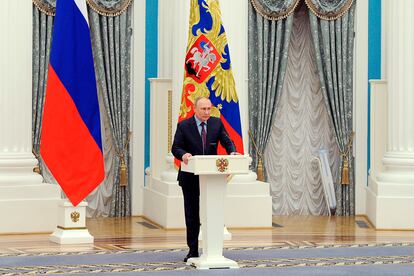 El presidente ruso Vladímir Putin este 22 de febrero desde el Kremlin.