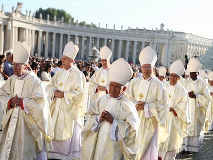Newly elevated cardinals arrive at the mass to open the Synod of Bishops in St. Peter's Square at the Vatican, on October 4, 2023.