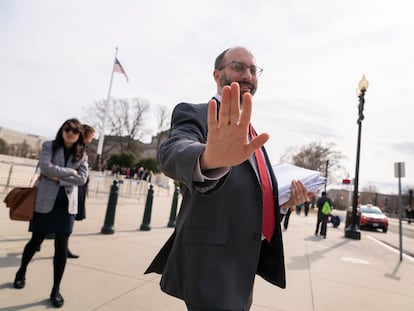 Attorney Ari Holtzblatt, with Wilmer Hale, the law firm representing Twitter, walks out of the Supreme Court building, Wednesday, Feb. 22, 2023, in Washington, after the Supreme Court heard oral arguments.