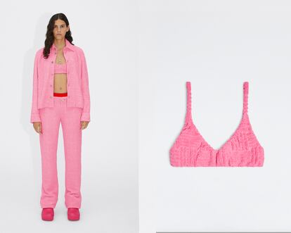 Bottega Veneta. El top Bubble Gum de la marca italiana incorpora varias tendencias en una sola prenda: el tejido toalla, el corte pesquero y el tono rosa chicle tan apreciado esta primavera. Para un look redondo (y si los bolsillos lo permiten) mejor replicar el tejido de jacquard en relieve con el pantalón y la chaqueta de la misma serie.