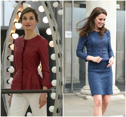 Es habitual que doña Letizia combine las americanas con pantalones para sus eventos oficiales. Mientras Kate Middleton es más partidaria de utilizarlas con faldas tubo por encima de la rodilla.