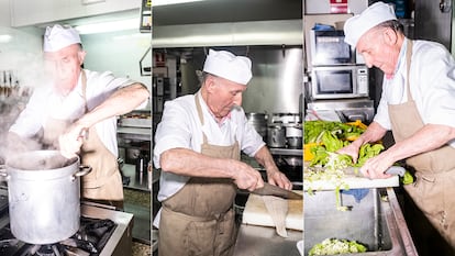 González, realizando distintas labores en la cocina, donde llega a preparar hasta cinco platos al mismo tiempo.