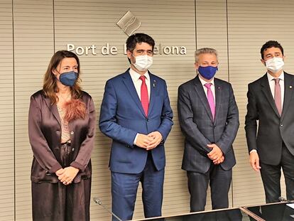 La todavía presidenta del Puerto de Barcelona, Mercè Conesa; el vicepresidente del Govern, Jordi Puigneró; el presidente de Puertos del Estado, Francisco Toledo, y el exconseller y futuro presidente del enclave Damià Calvet.